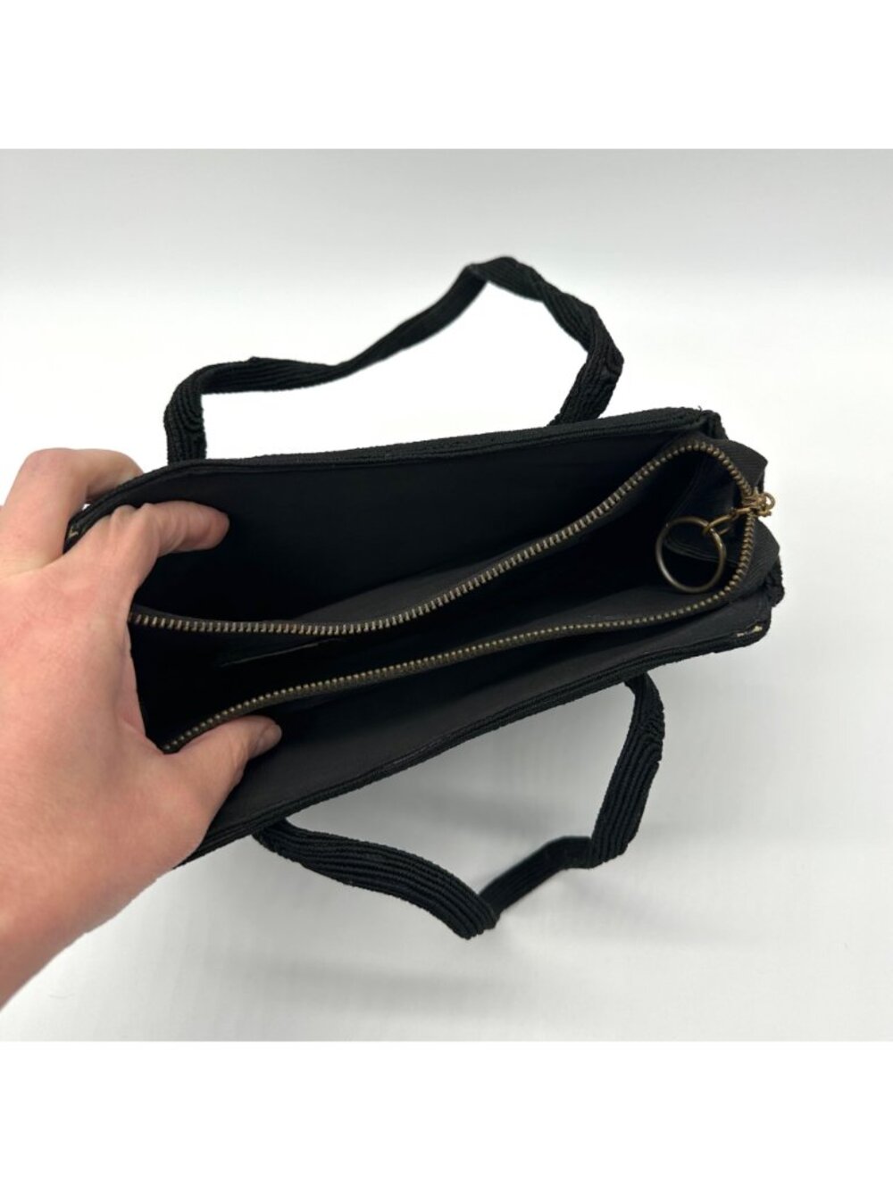 Vintage Purse 1950s Handbag Black Corde USA Top Handle Zipper Retro Mid Century - Picture 5 of 10
